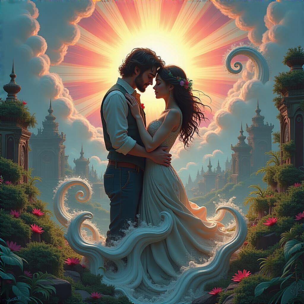 Couple Embracing Amidst Swirling Elements in Fantastical Lan...