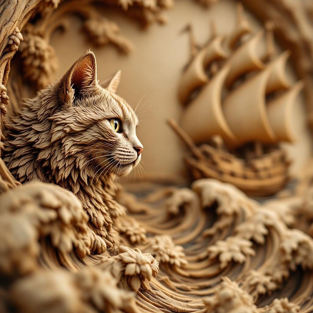 Macro Wood Carving of Cat Pirate and Ship