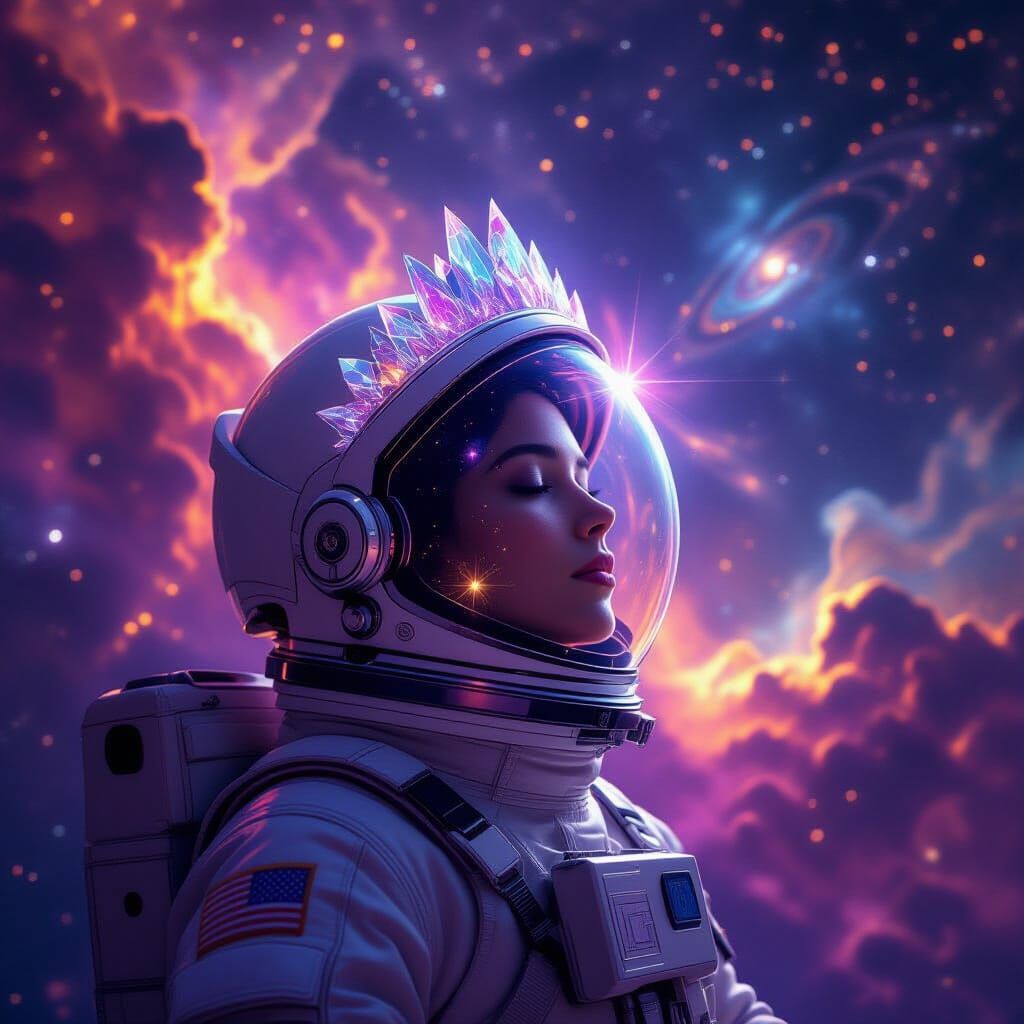 Astronaut with Crystal Crown in Cosmic Nebula