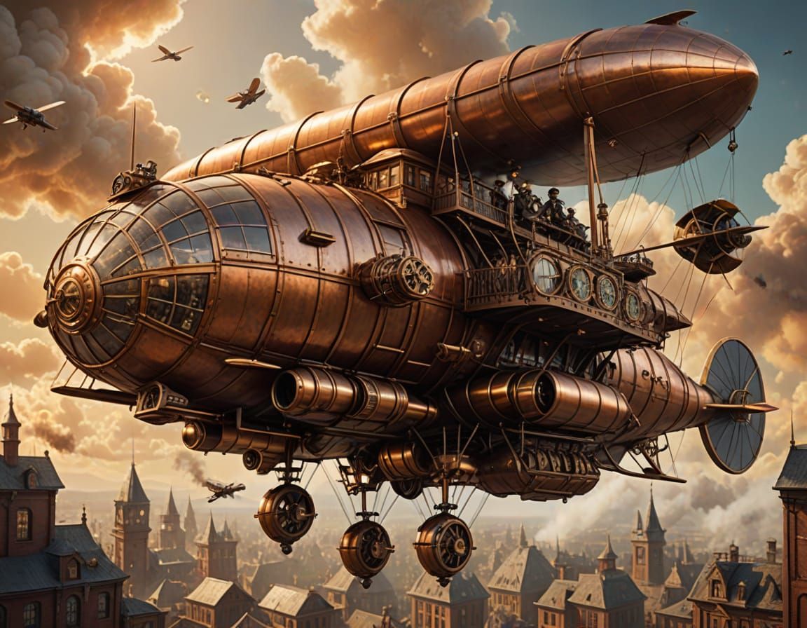 Steampunk Airship with Cannons in Industrial Style