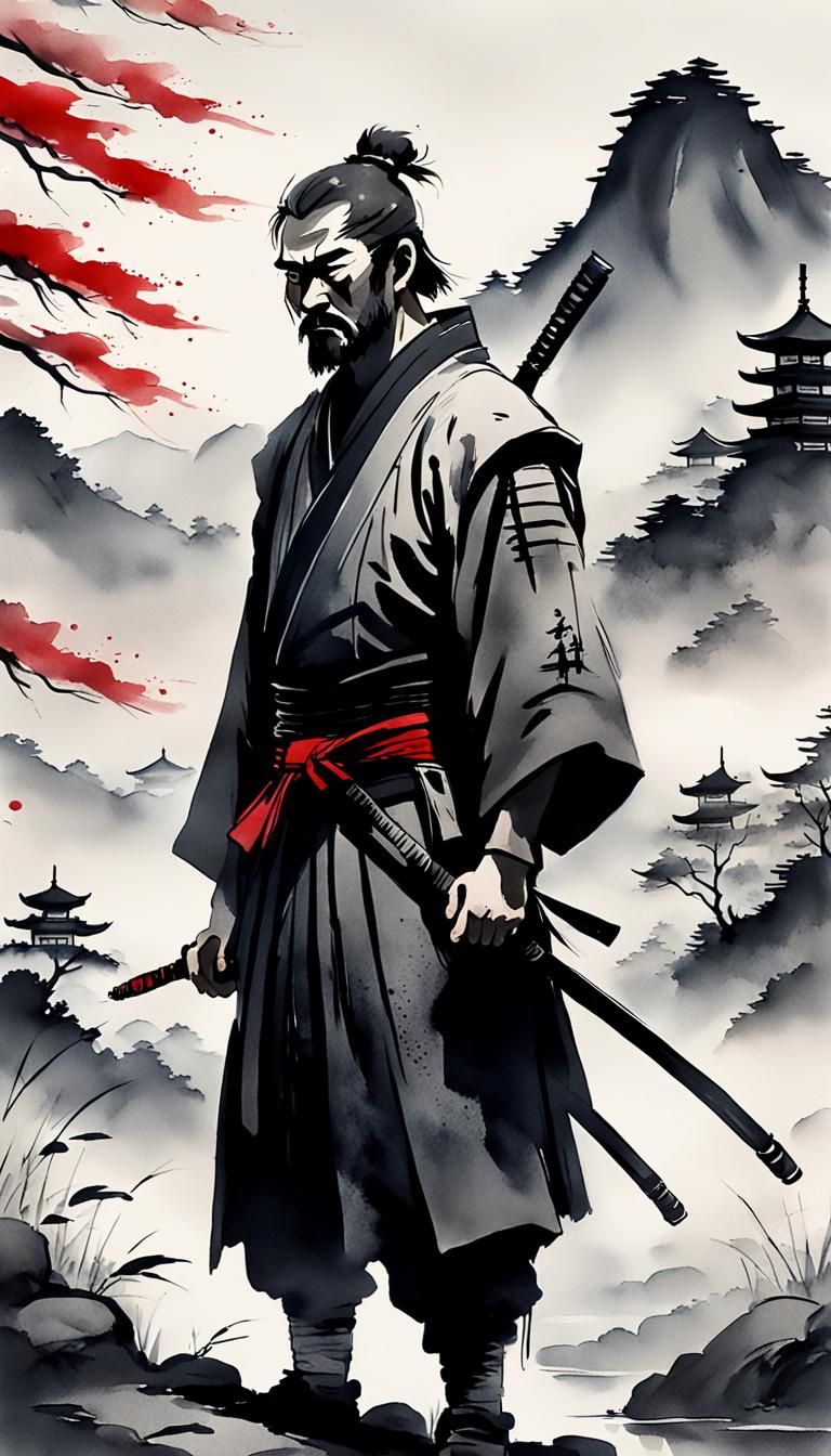 Ronin Portrait in Sumi-e Ink Wash Style
