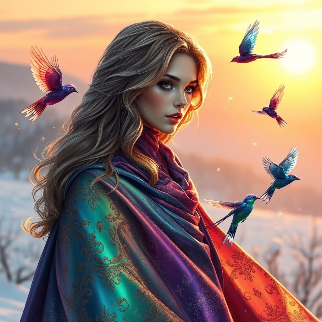 Ethereal Figure in Rainbow Cloak Amidst Snowy Landscape