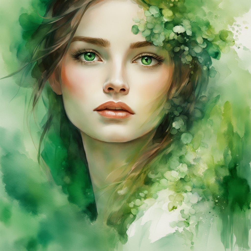Ethereal Watercolour Portrait of a Woman with Emerald Eyes