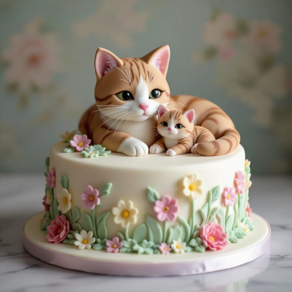 Whimsical Cat and Kitten Cake in Illustrative Style