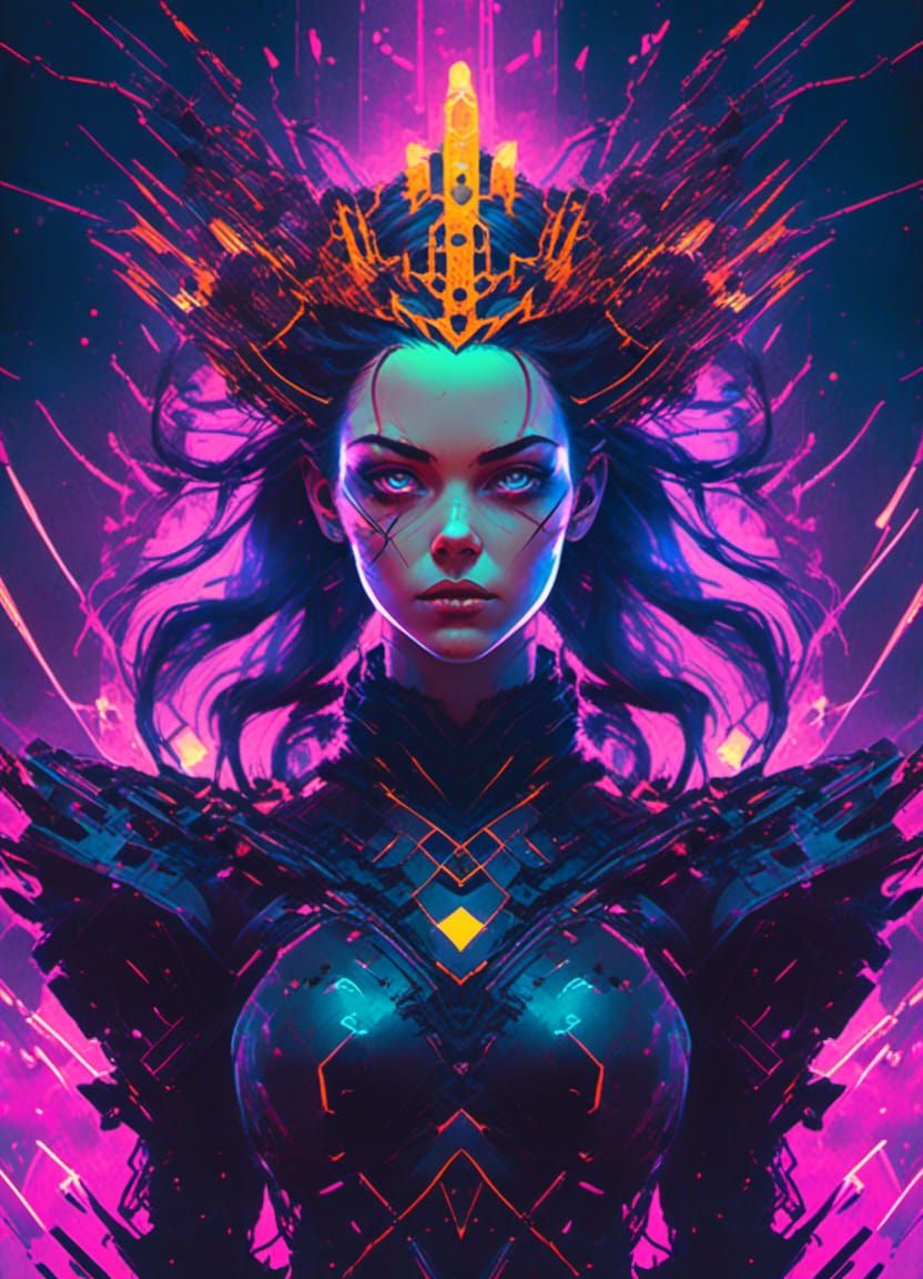 Dark Queen Surrounded by Luminescent Cyberpunk Particles