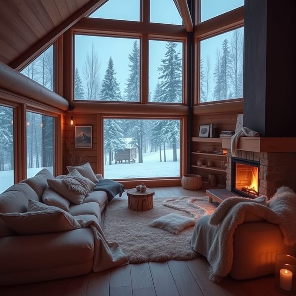 Cozy Minimalist Cabin with Fireplace and Snowfall View