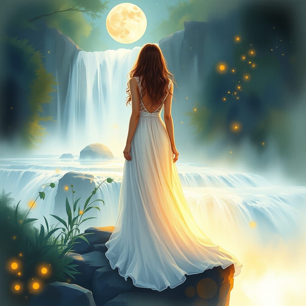 Ethereal Watercolor Dream on Moonlit Waterfall