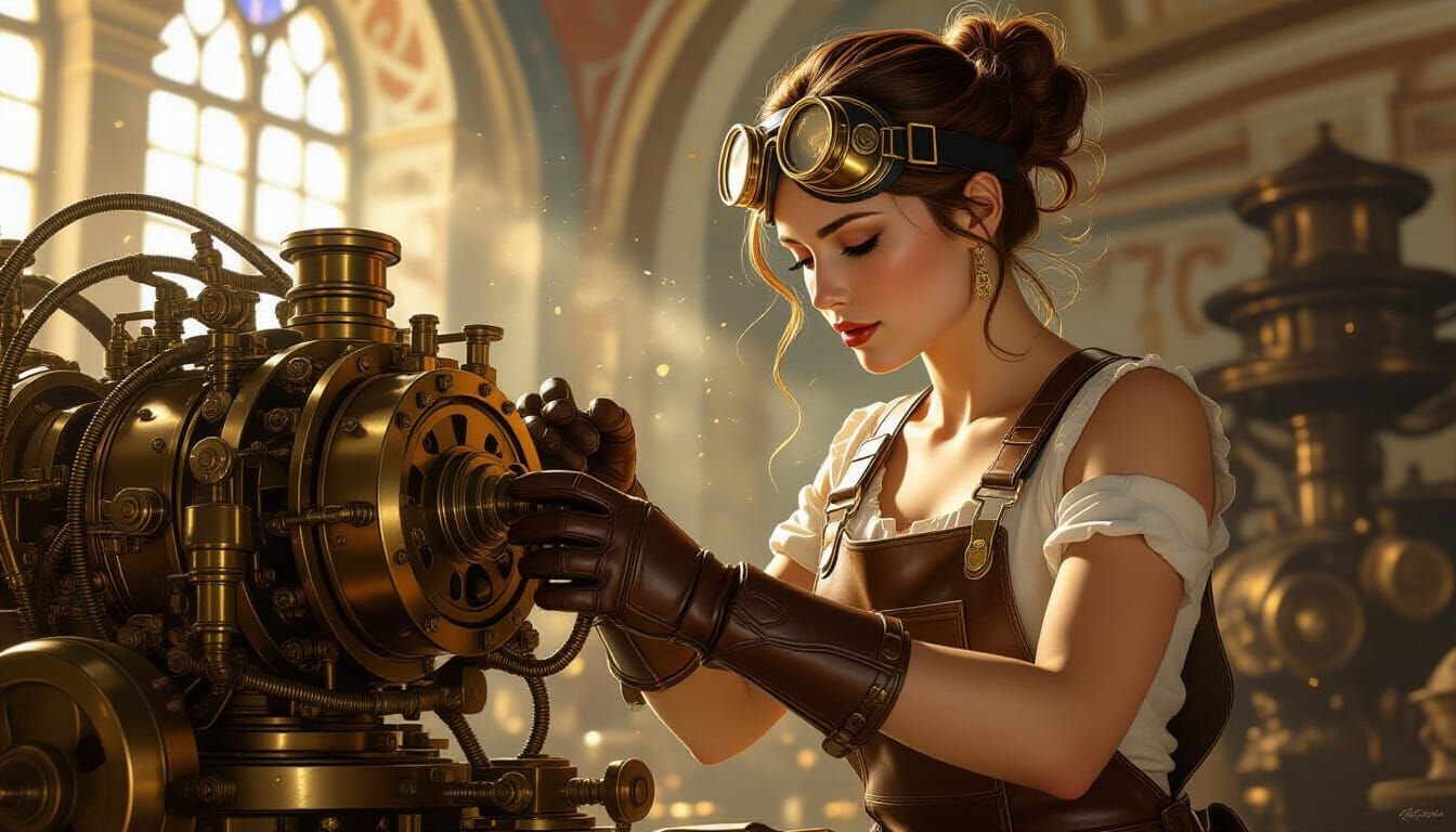 Steampunk Mechanic Repairing Robot in Renaissance Fresco Sty...