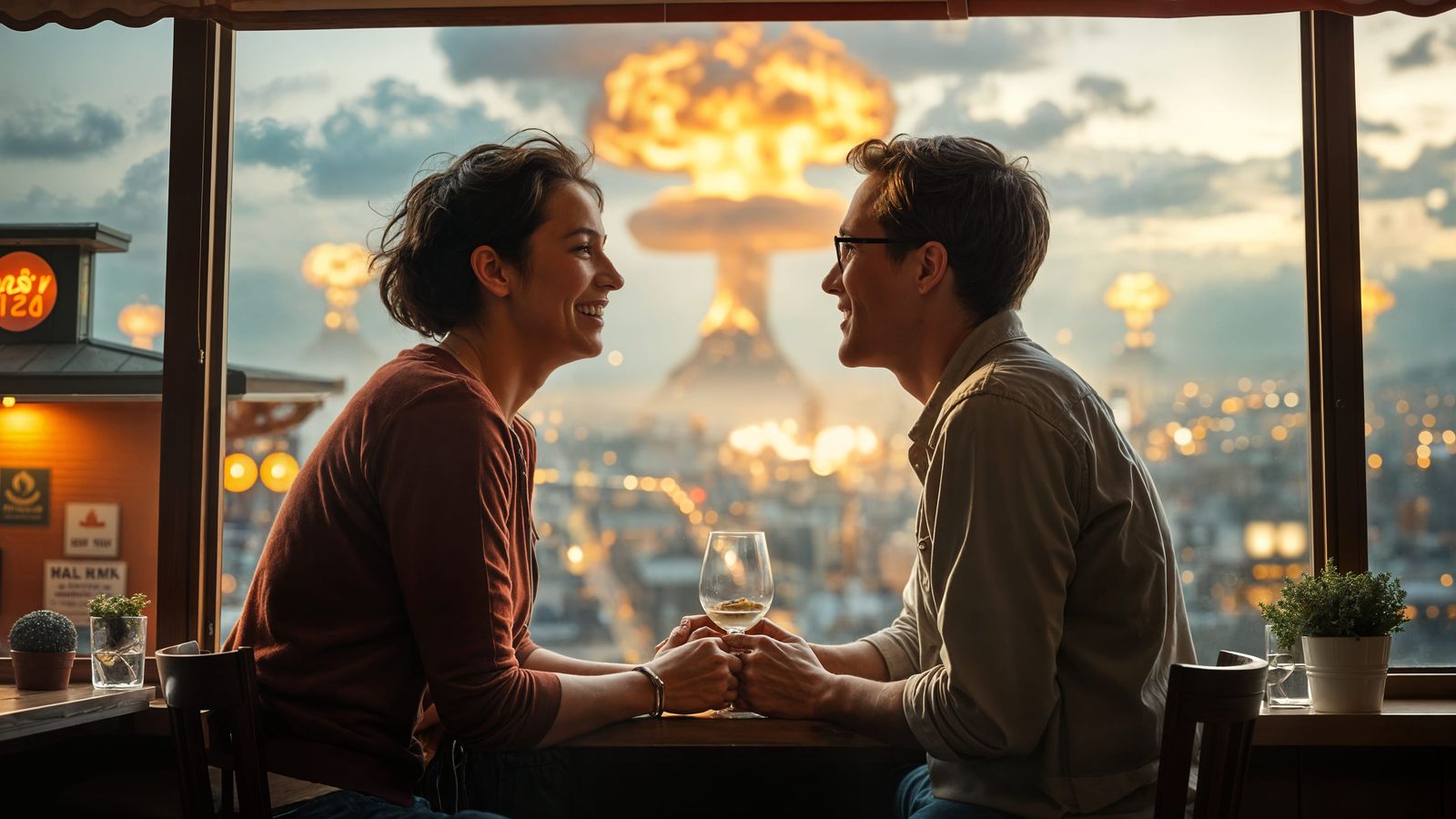Romantic Couple Embracing Amidst Nuclear Explosion