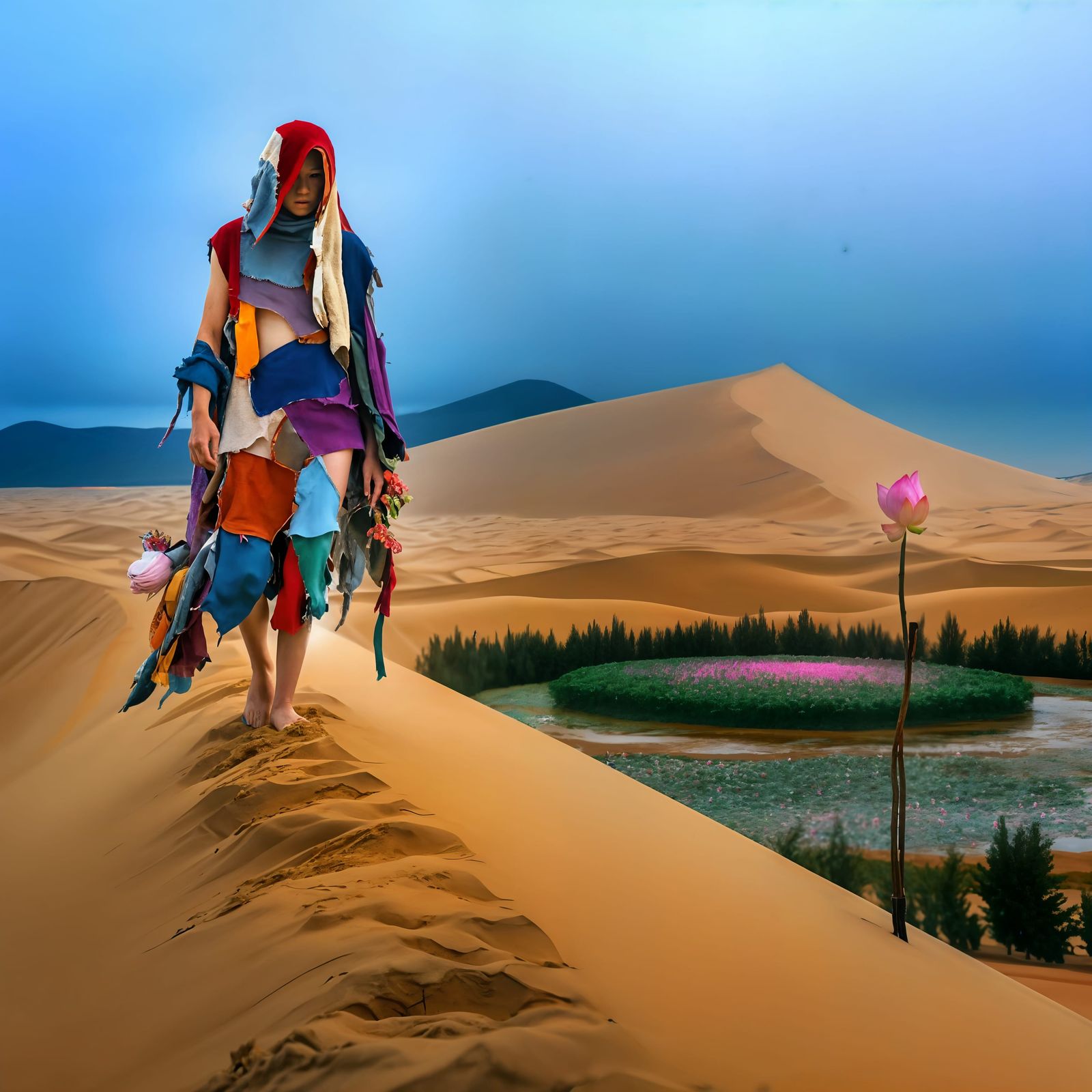 Serene Monk Contemplates Desert Oasis