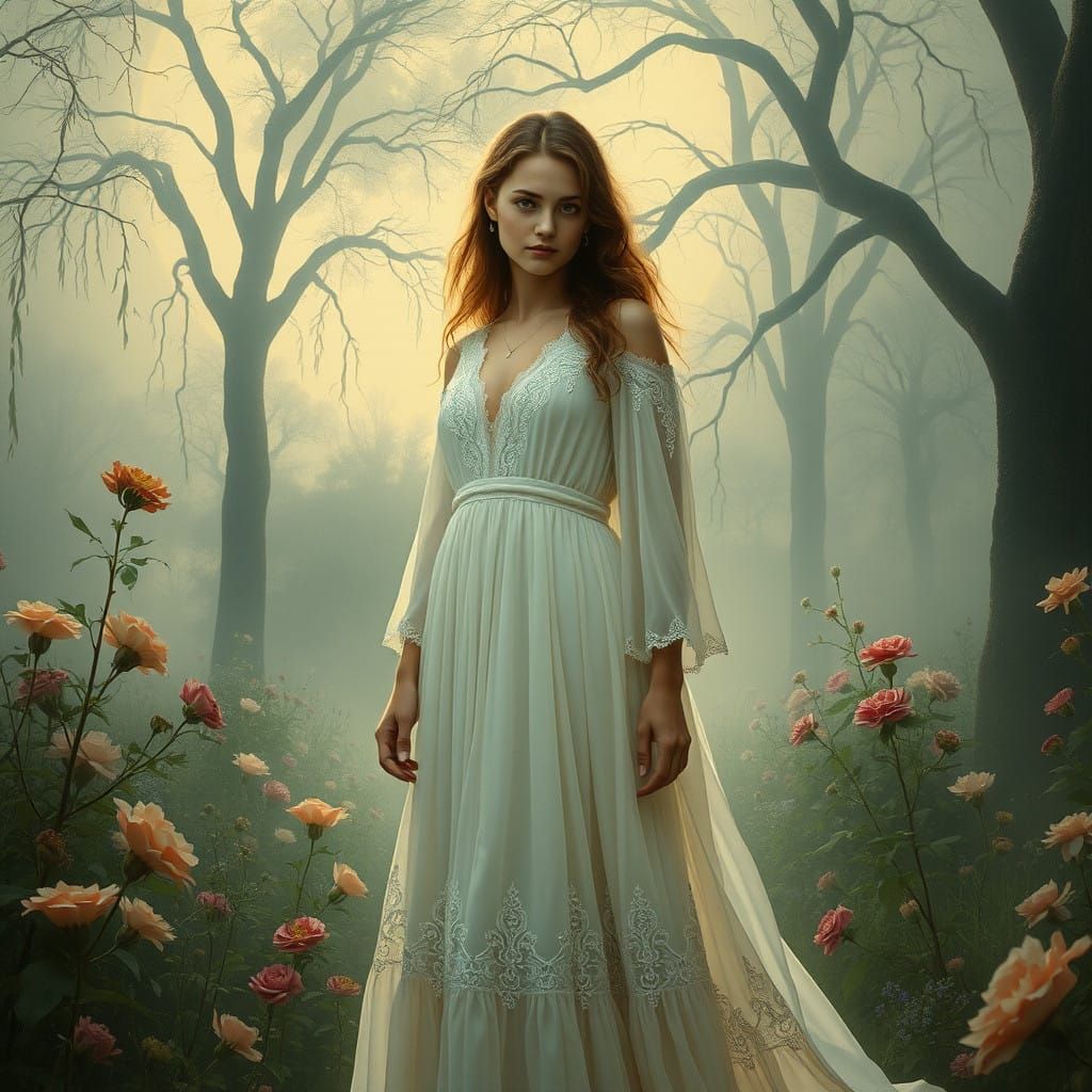 Mysterious Woman in Moonlit Garden