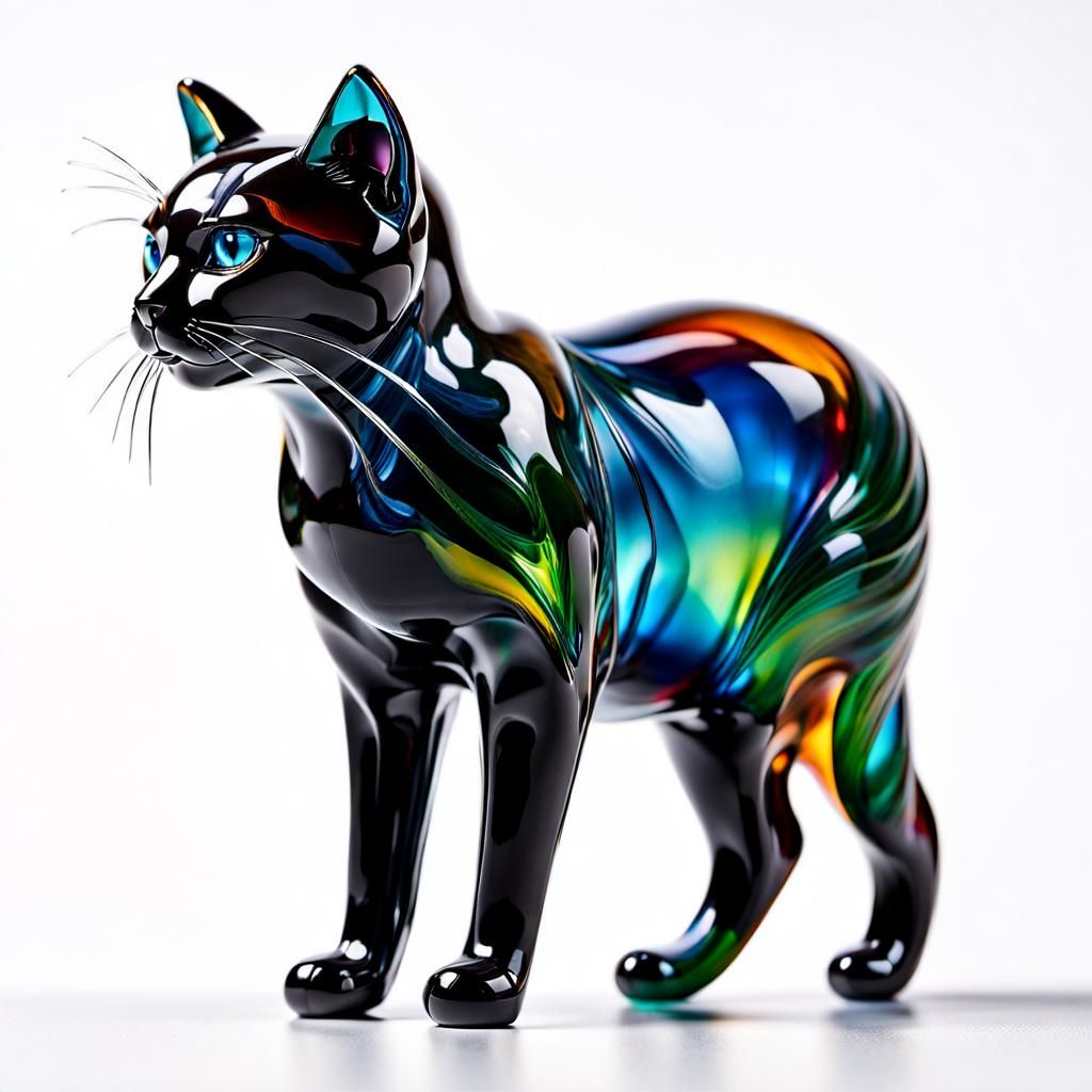 Transparent Glass Cat Figurine with Colorful Reflections