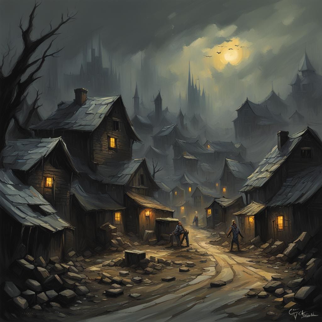 Sinister Village Scene in Gothic Art Style