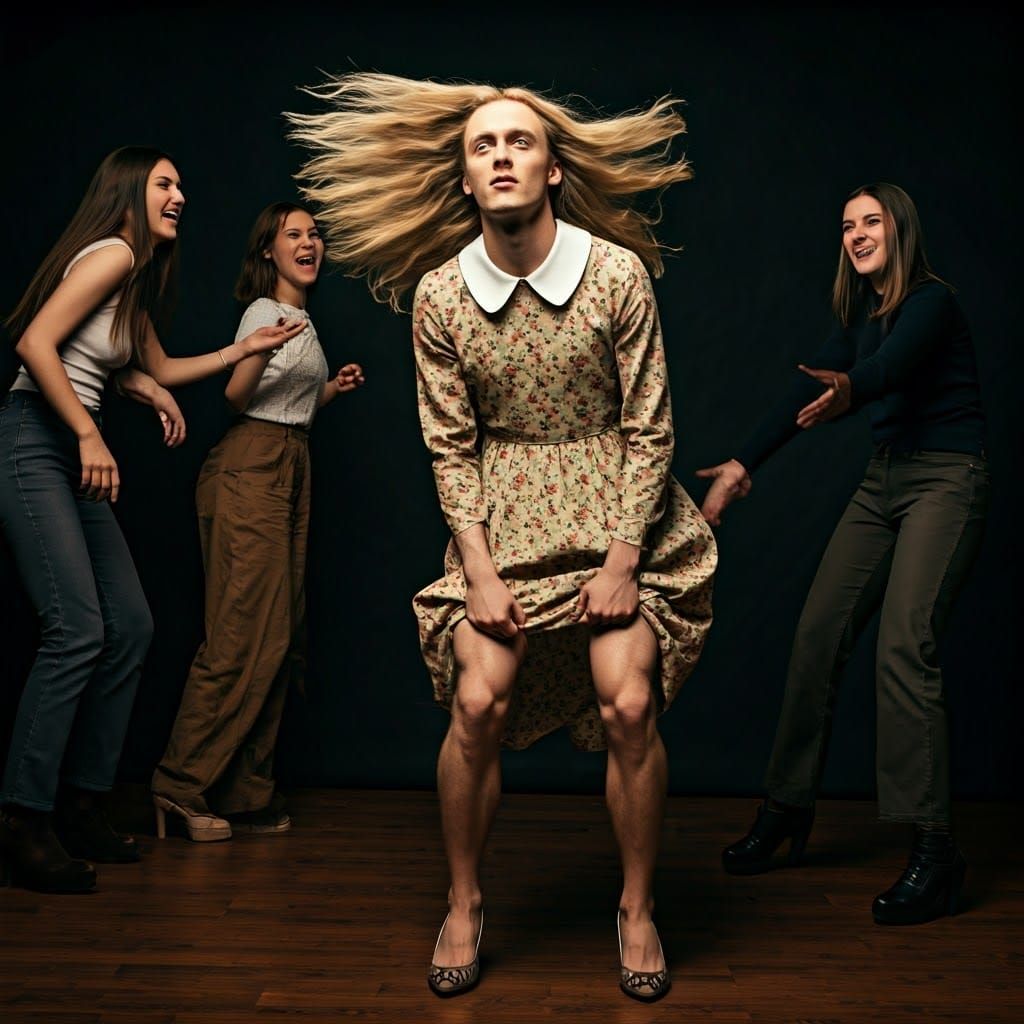 Young Man Embarrassed in Delicate Dress and High Heels