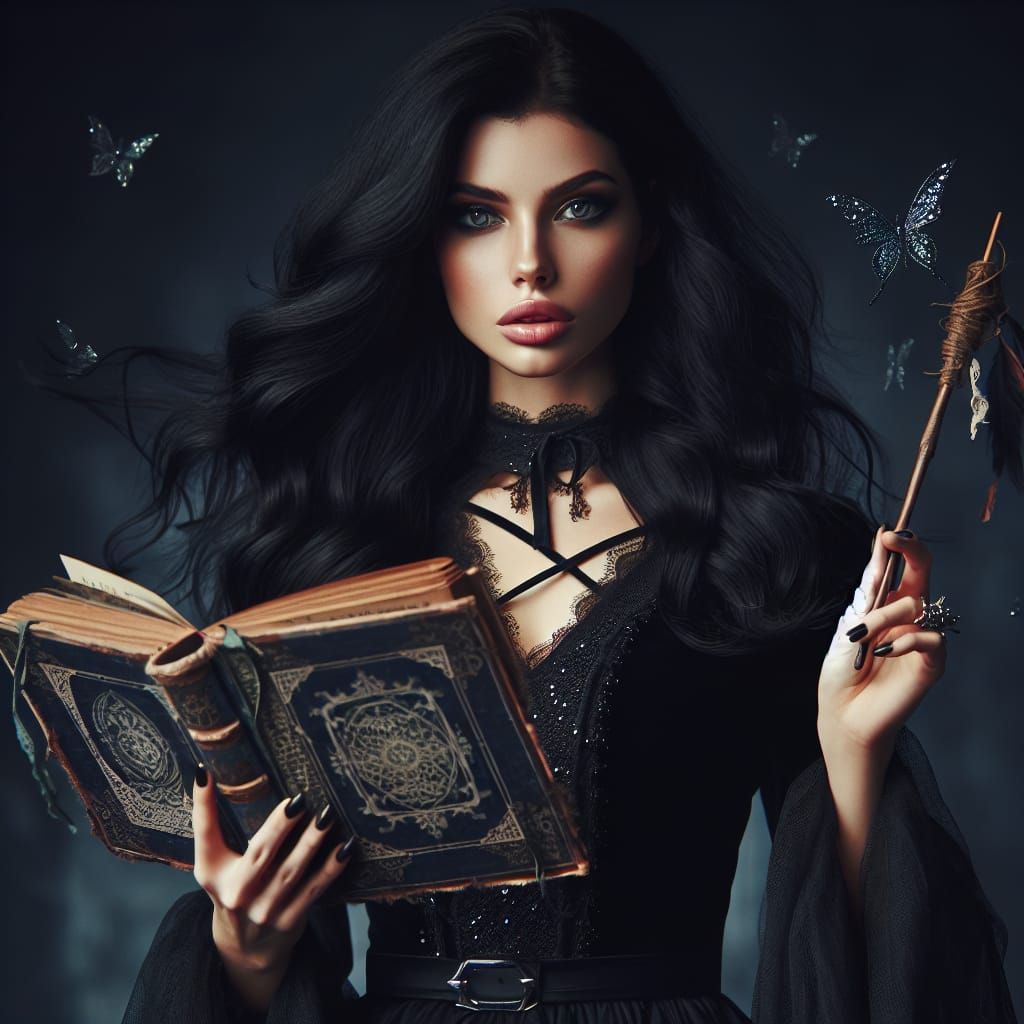 Mystical Sorceress with Spellbook and Wand