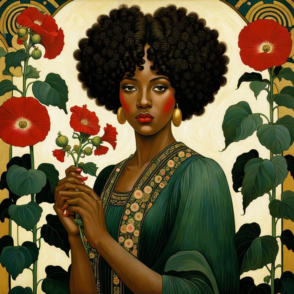 Black Woman with Hollyhocks in Art Nouveau Style