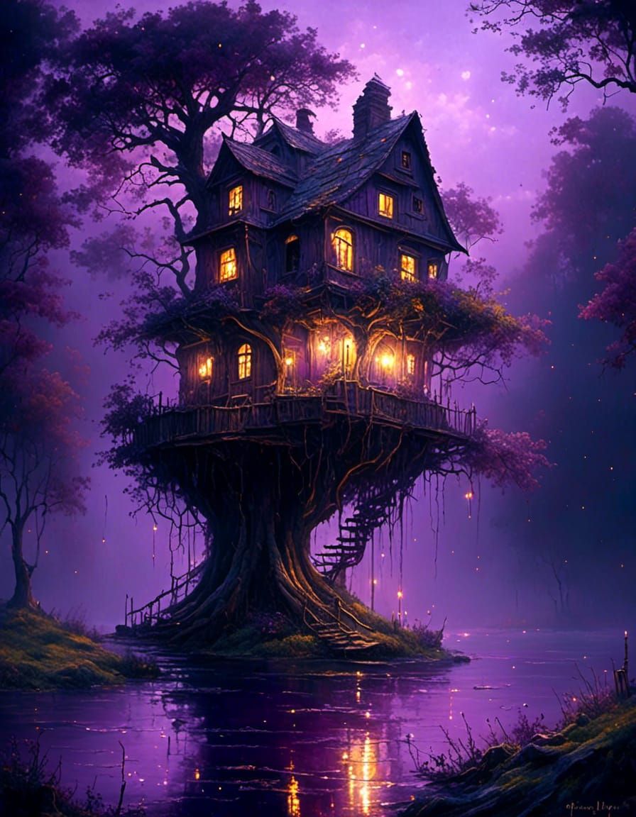 Secret Treehouse at Night in Hyperrealistic Oil Painting