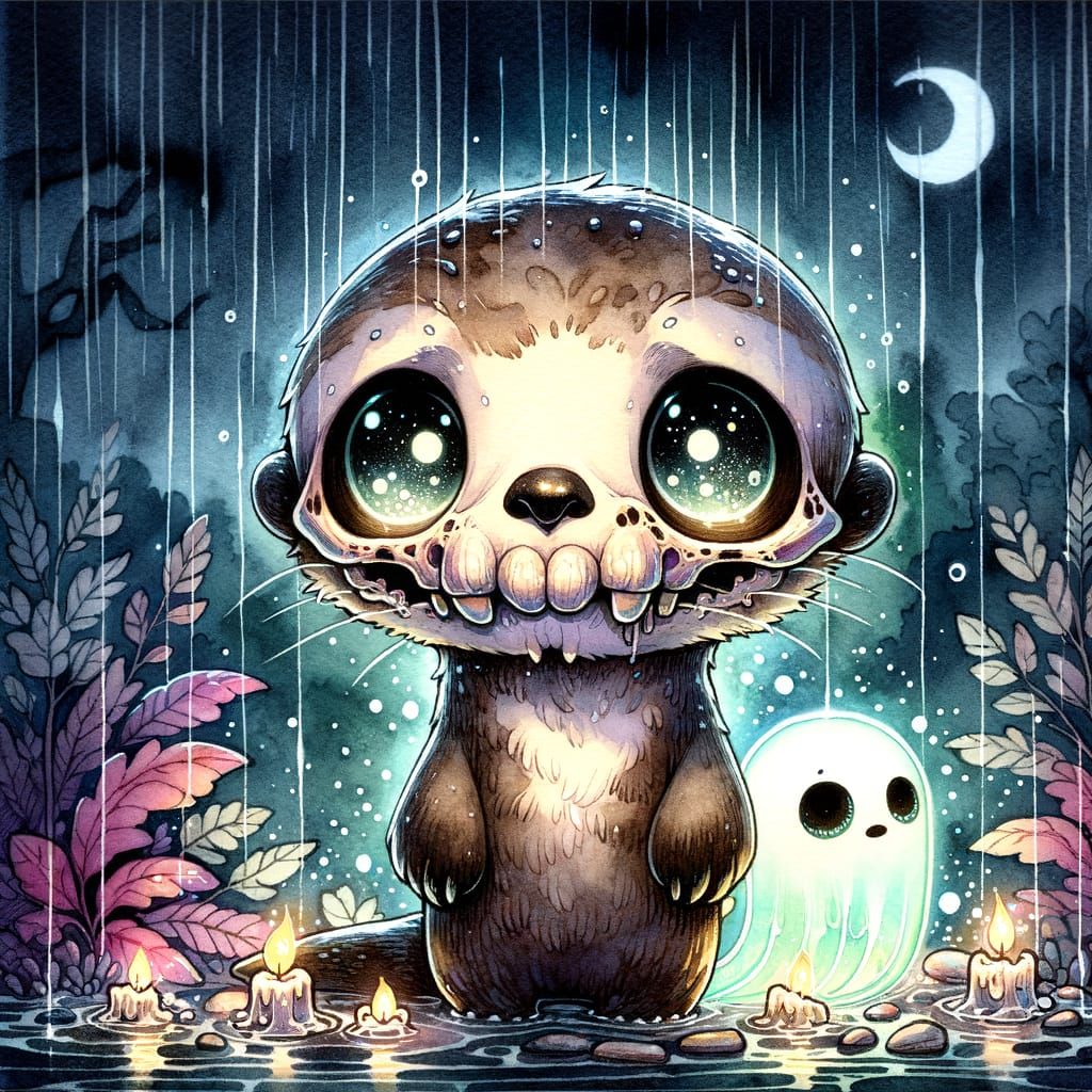 Eerie Watercolor Otter and Ghost in the Night