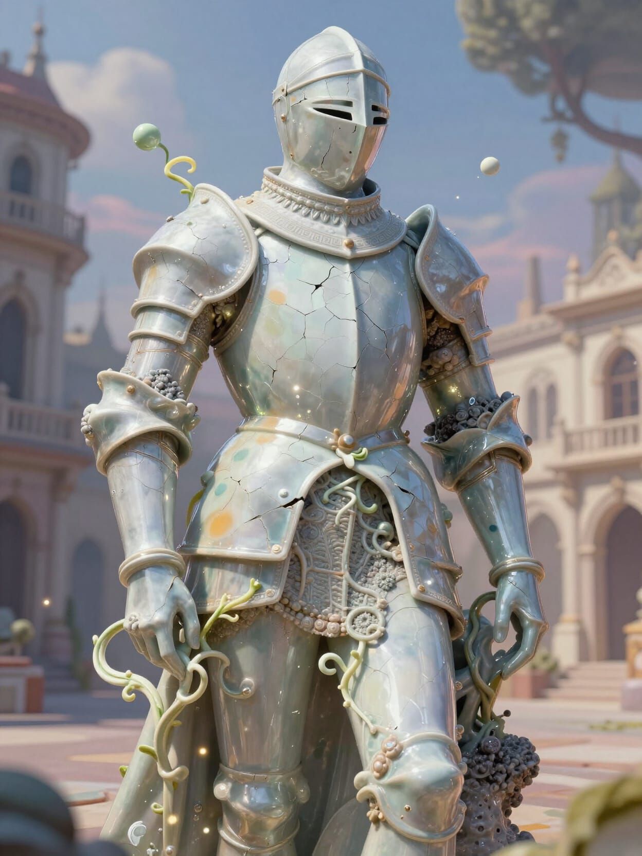 Surreal Knight Statue with Fractured Porcelain Surface