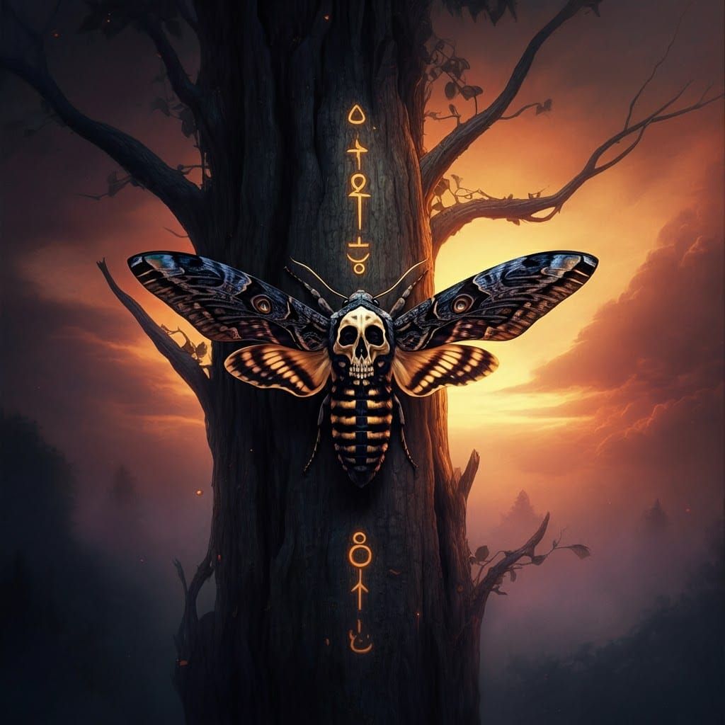 Iridescent Skull Hawk Moth on Ancient Tree