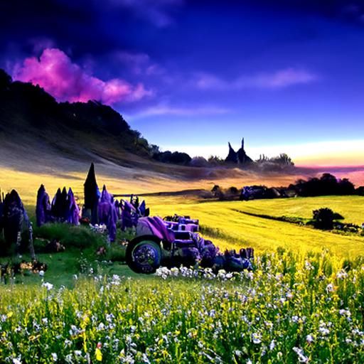 Fantasy Lavender Field Sunset: Detailed Matte Painting