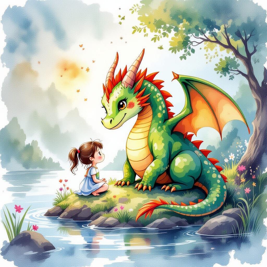 Dragon's Gentle Care: Watercolor Island Scene