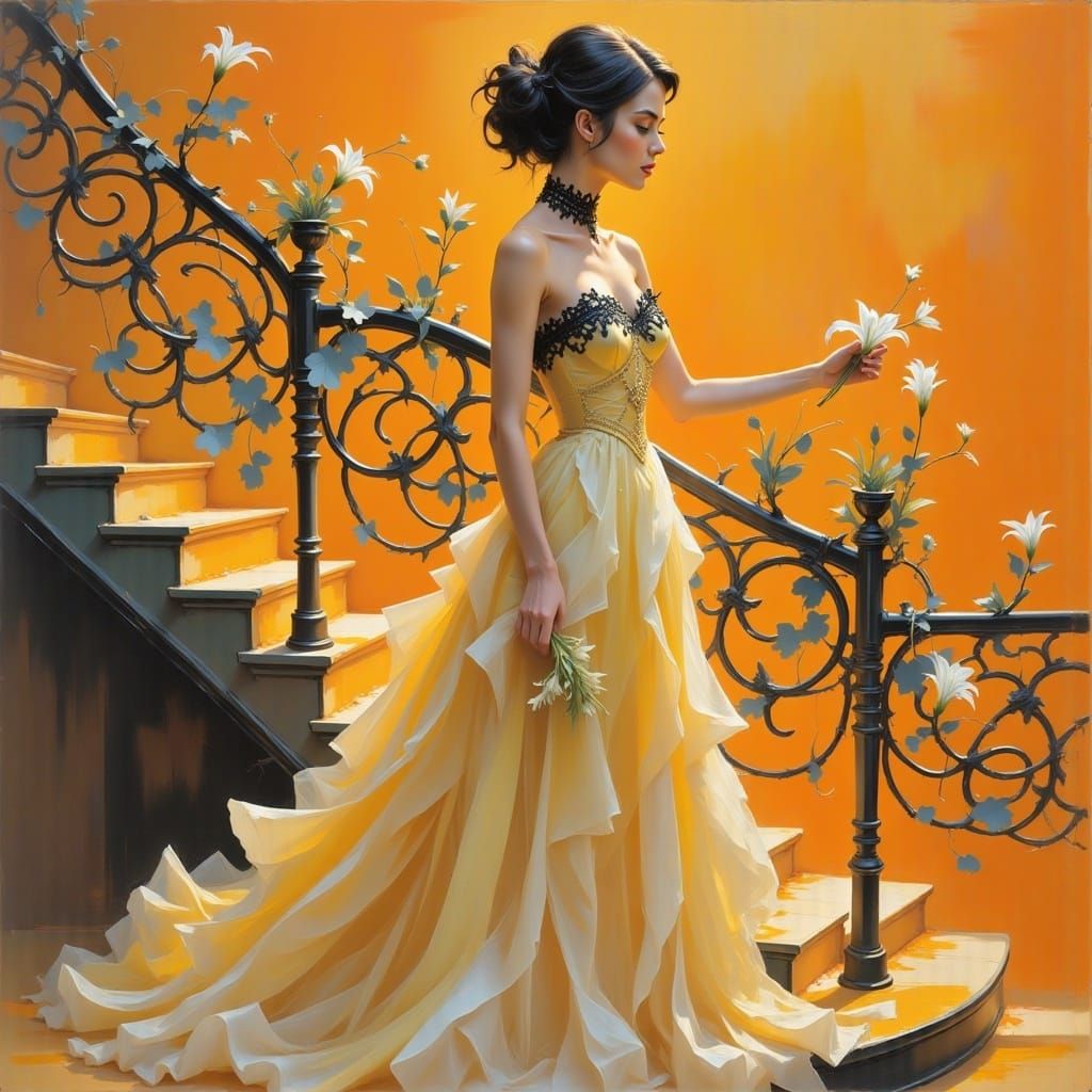 Ethereal Doll-Like Woman on Grand Staircase in Whimsical Sty...