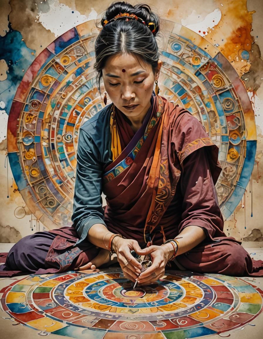 Tibetan Monk Creates Sand Mandala in Watercolor Style