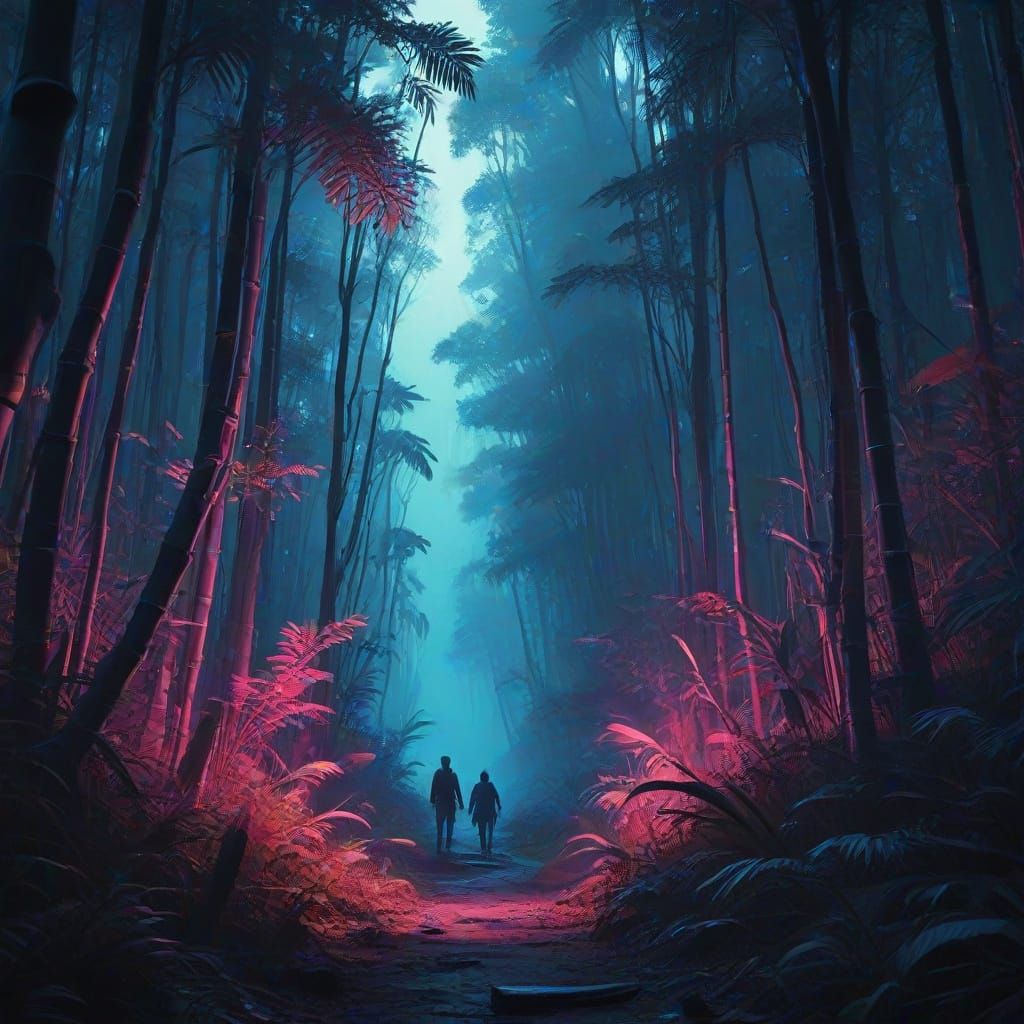 Synthwave Bamboo Forest Path in Neon Hues
