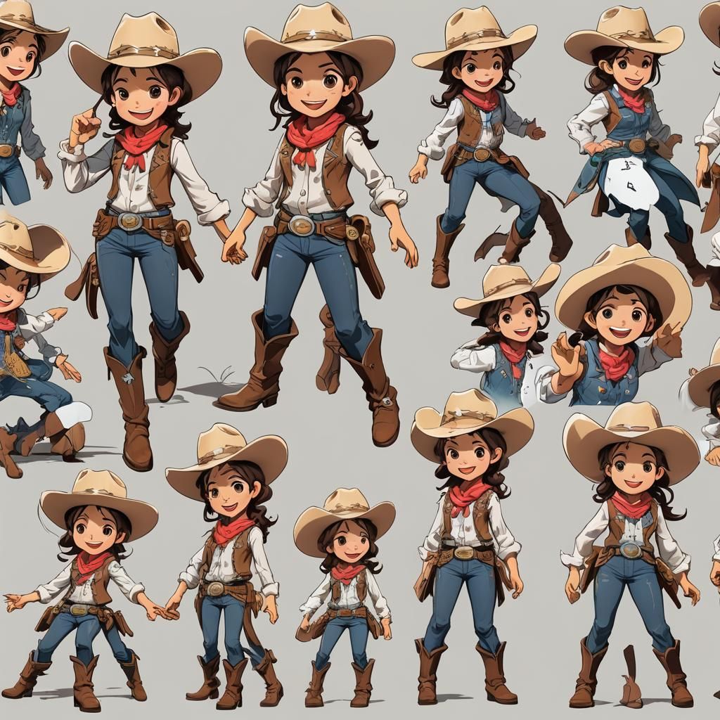 Cartoon Cowgirl Character Sheet in Anime Style