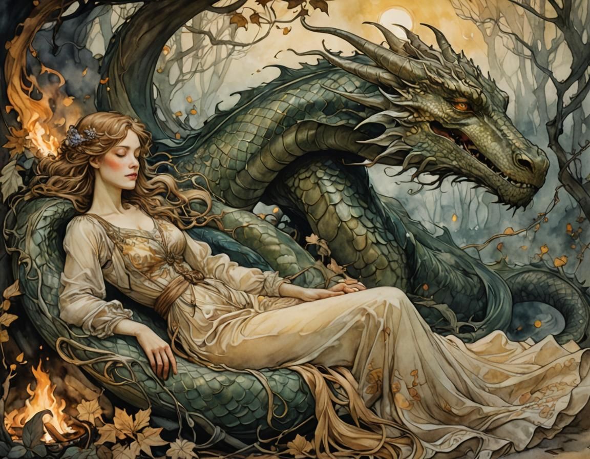 Woman and Dragon Campfire Scene in Art Nouveau Style