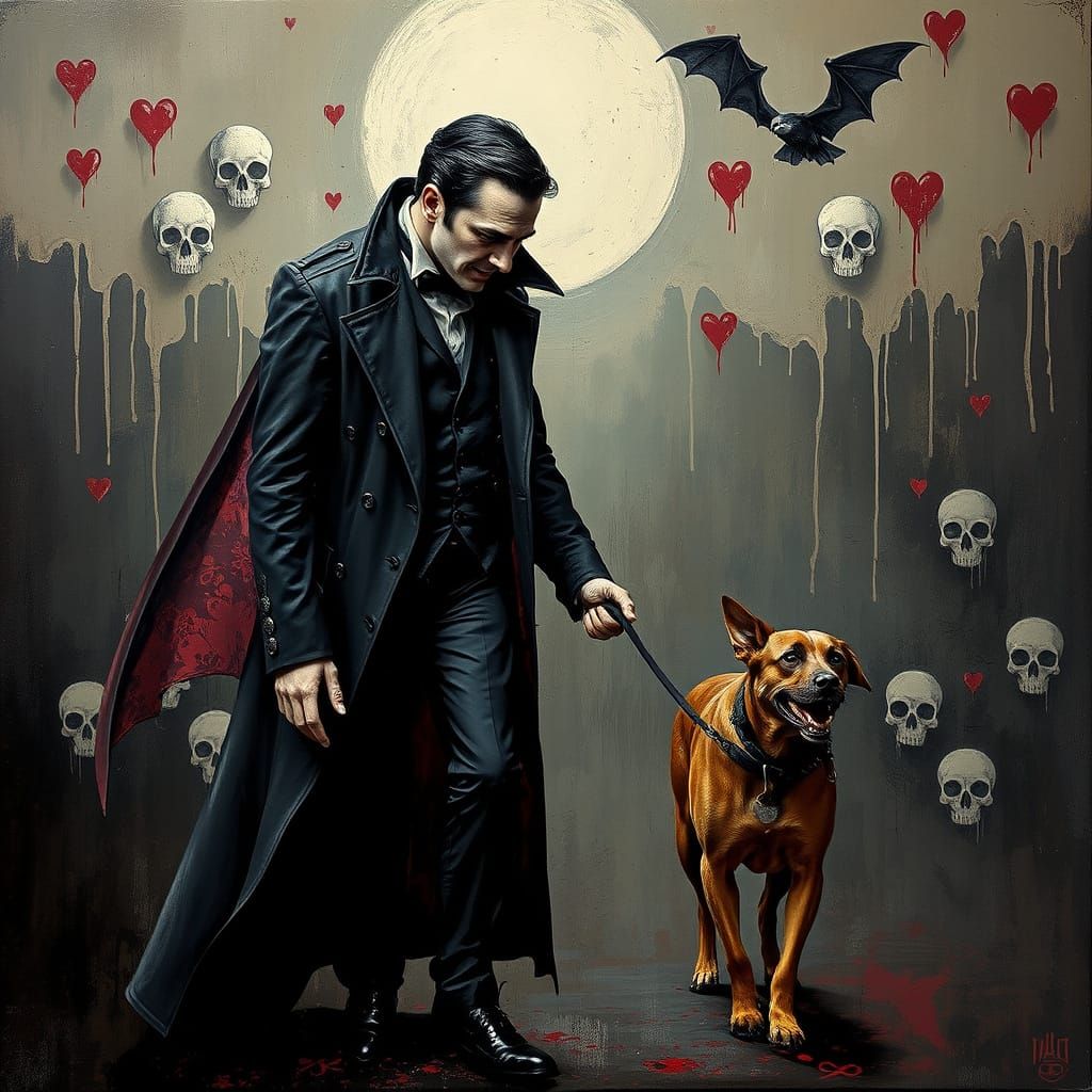 Vampire Pet Owner in Surrealistic Oil Painting