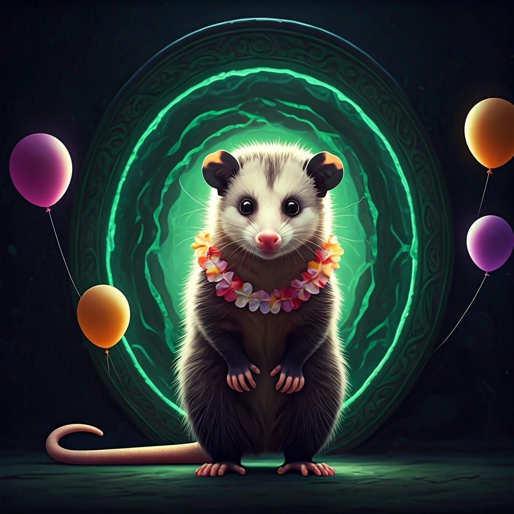 Majestic Royal Opossum on Emerald Portal with Vibrant Balloo...