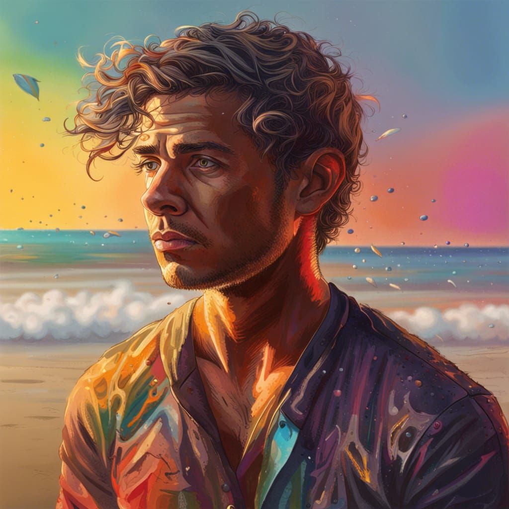 Hyperrealistic Male Portrait on Beach in Splash Art Style