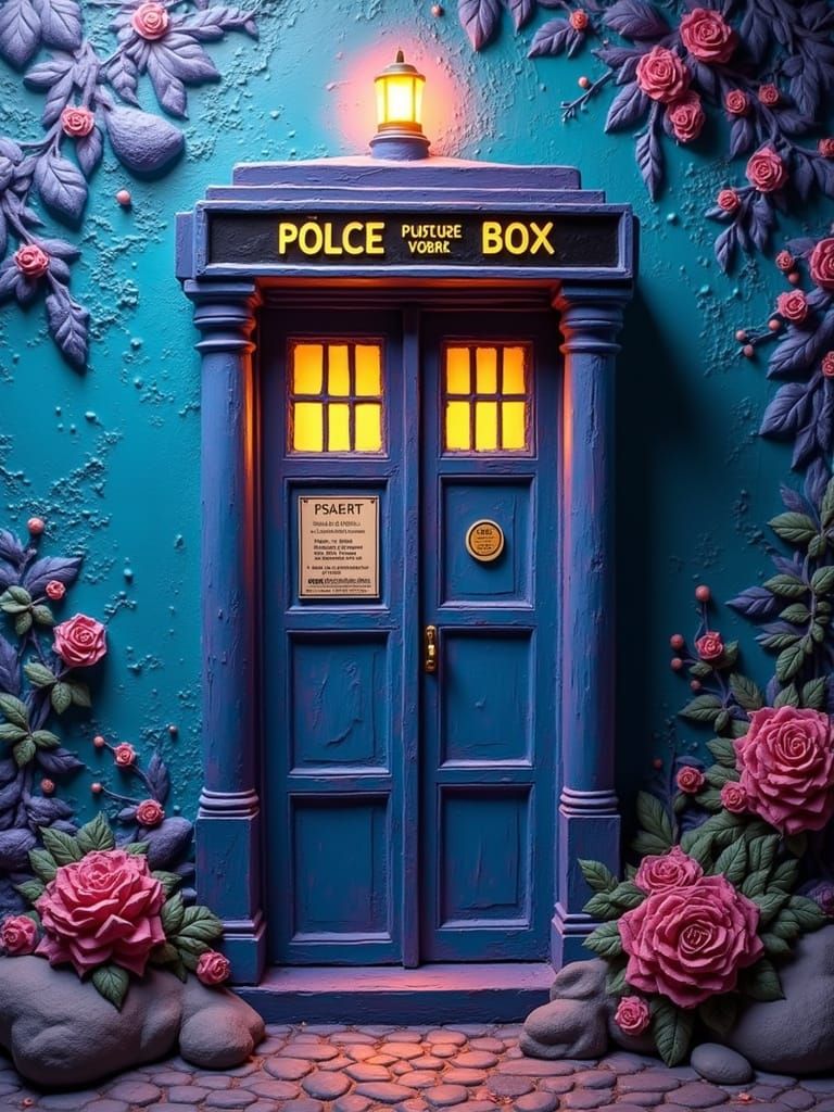 Hand-painted plaster background, vibrant embossed relief of a Tardis with bioluminescent Galafrian style cosmetics, rich...