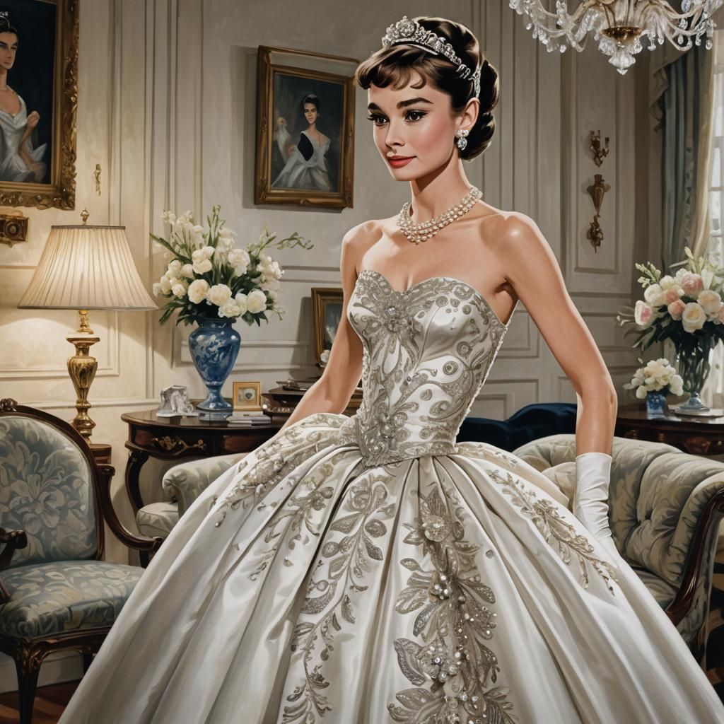 Audrey Hepburn in Exquisite Gown, Digital Painting