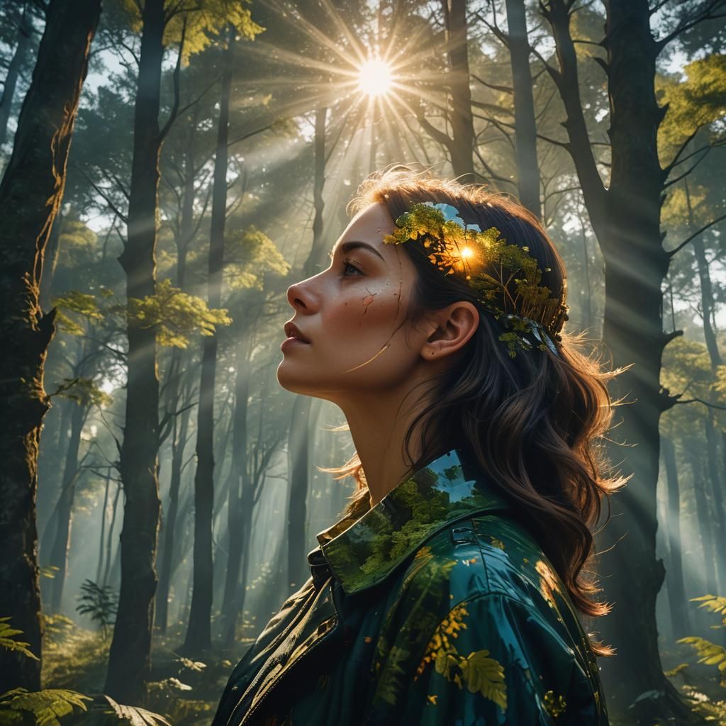 Double Exposure Portrait: Woman and Forest Landscape