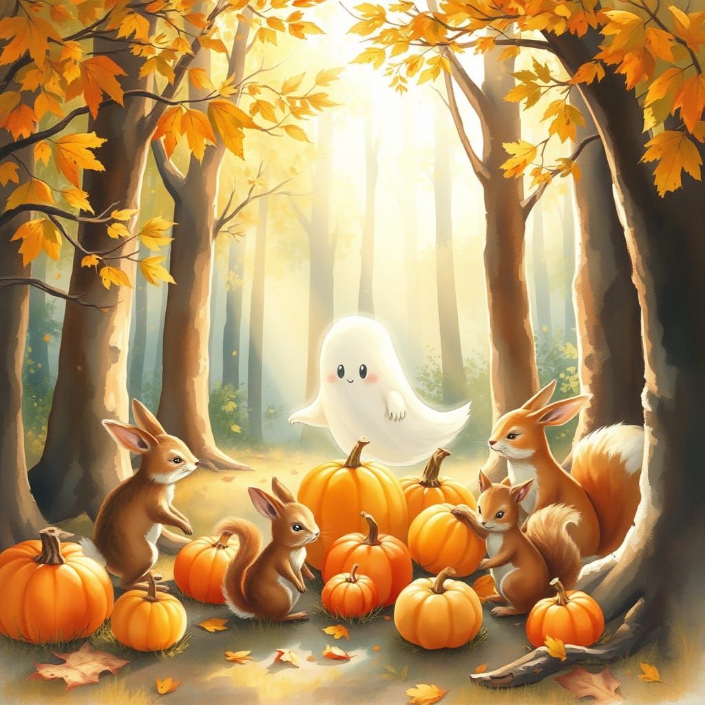 Friendly Ghost Helps Animals Gather Pumpkins in Sunlit Fores...
