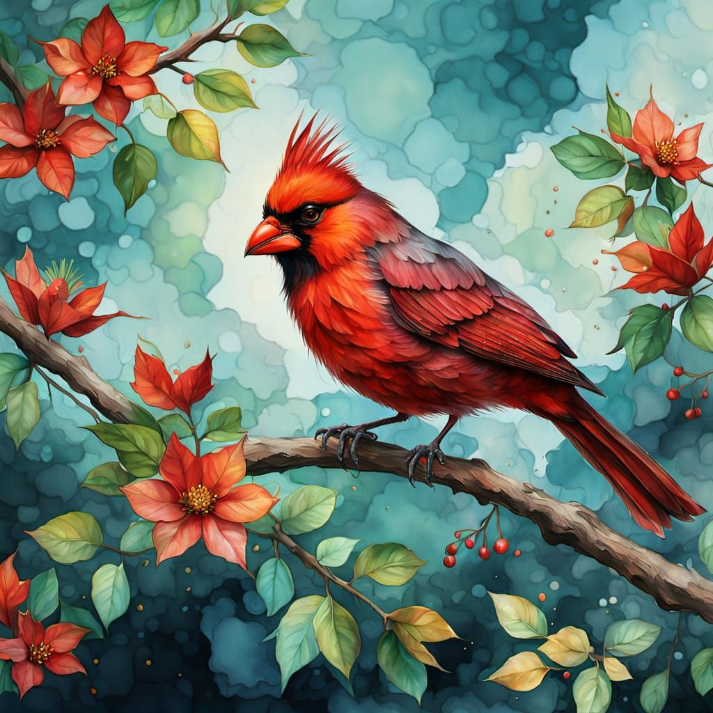 Vibrant Cardinal Digital Painting with Lush Details