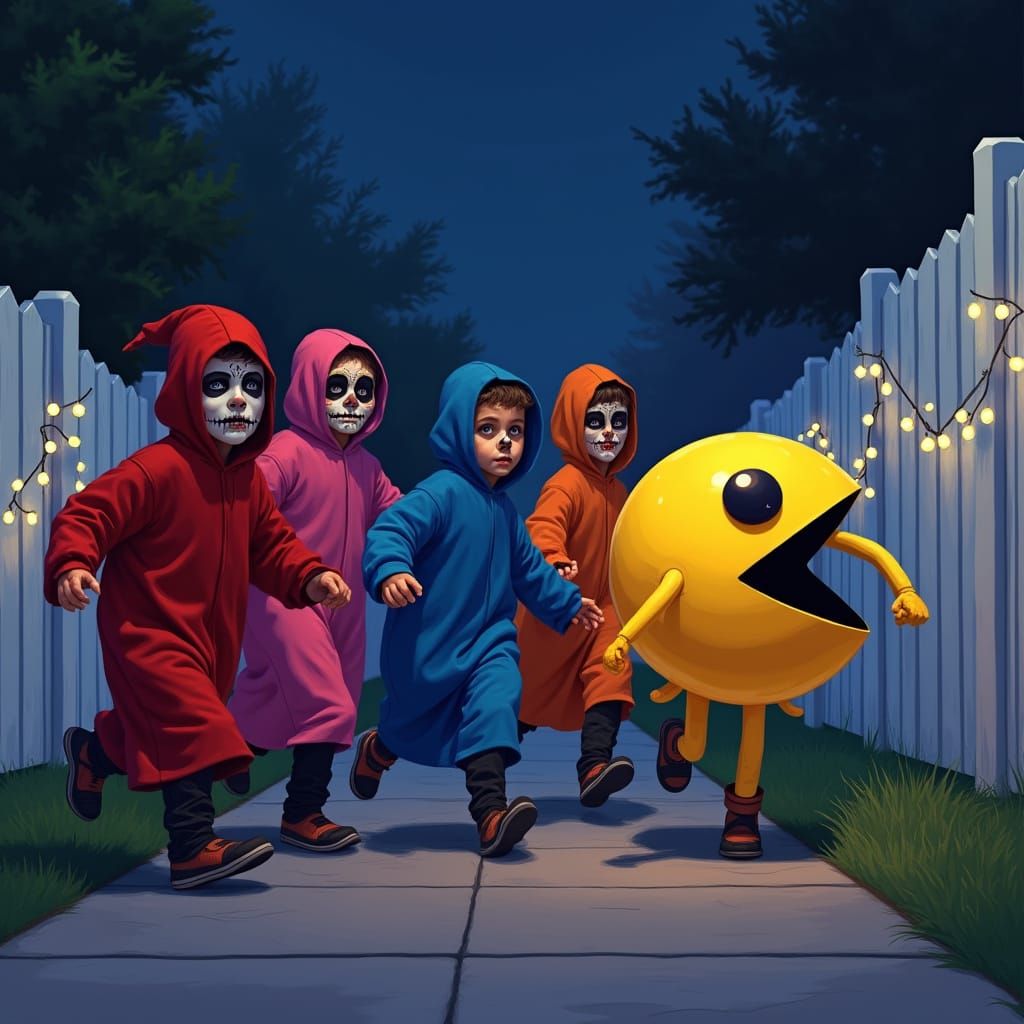 Boys in Colorful Robes Chase Pacman Down a Suburban Street