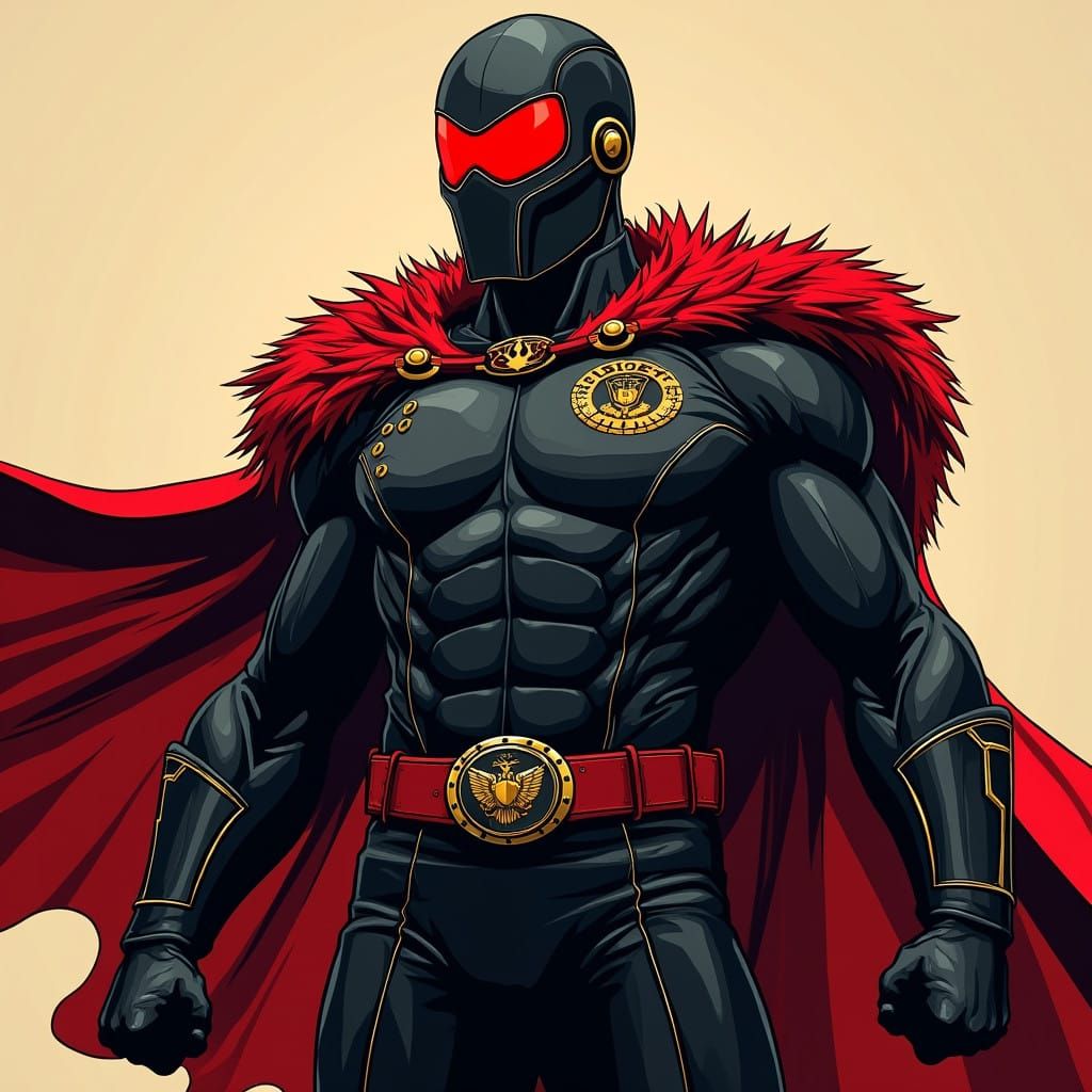 Heroic Warrior in Black Uniform with Red Mask and Cape