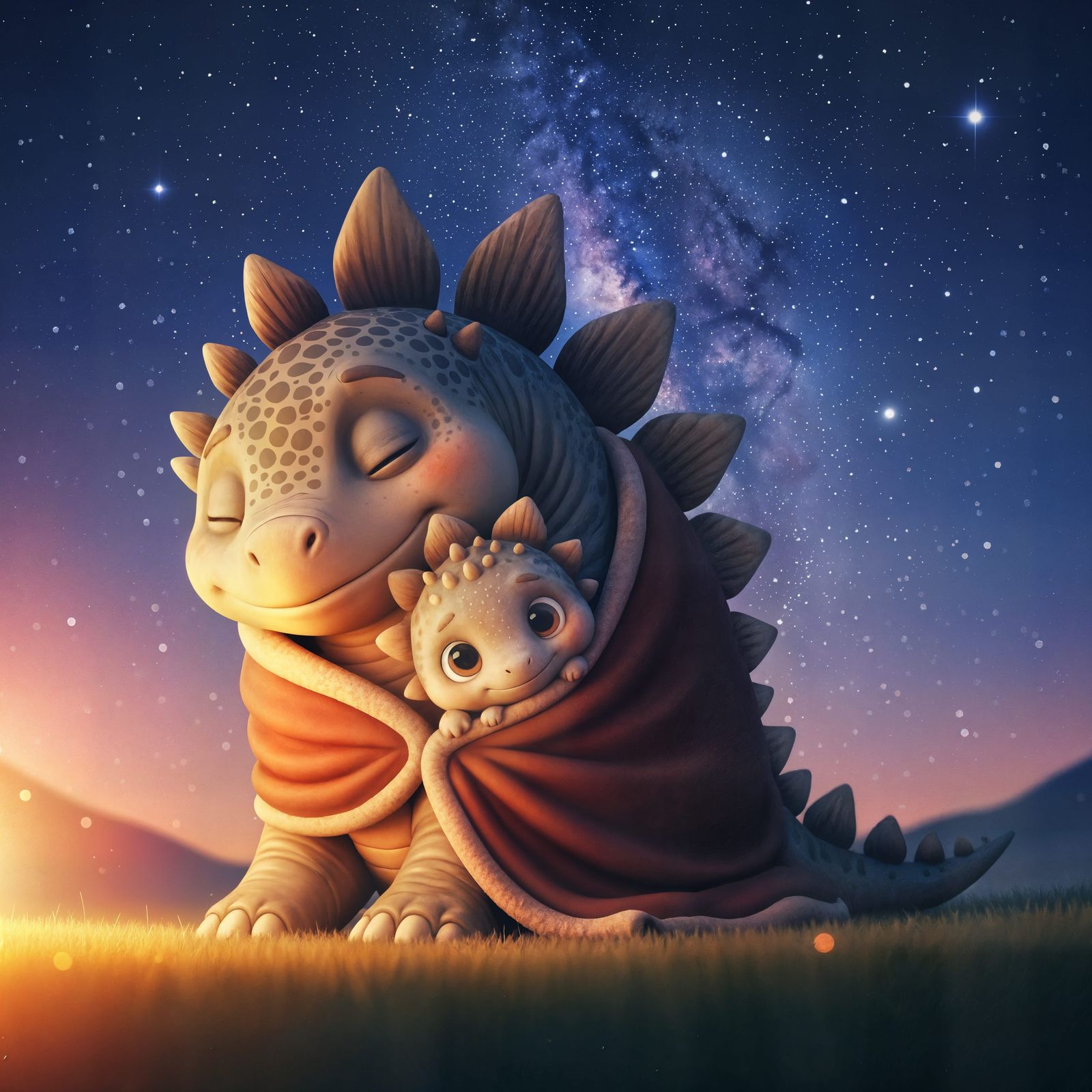 Sweet Stegosaurus Mother and Baby Snuggling