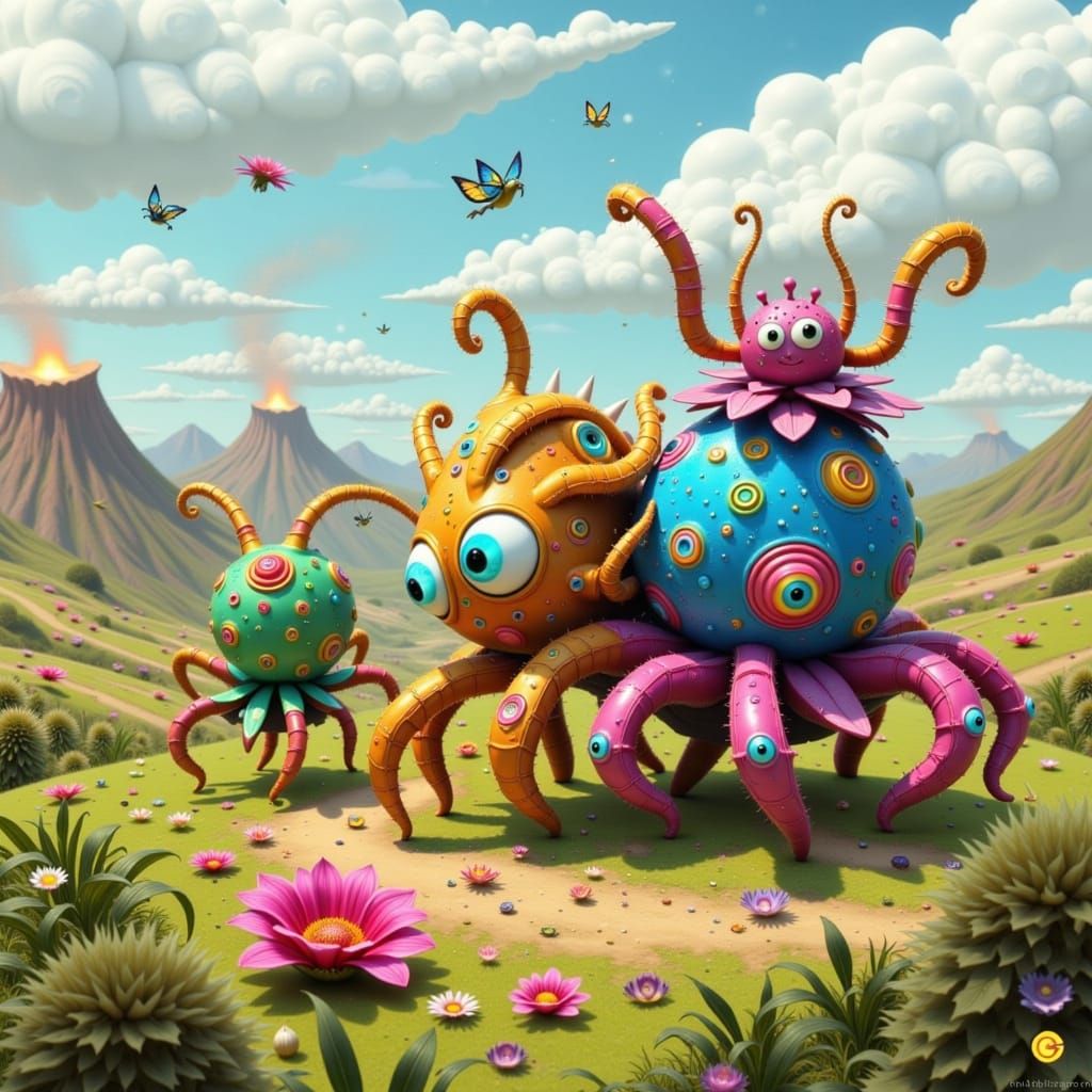 Fantastical Spider-Octopi Play on Colorful Dinosaurs in a Wh...