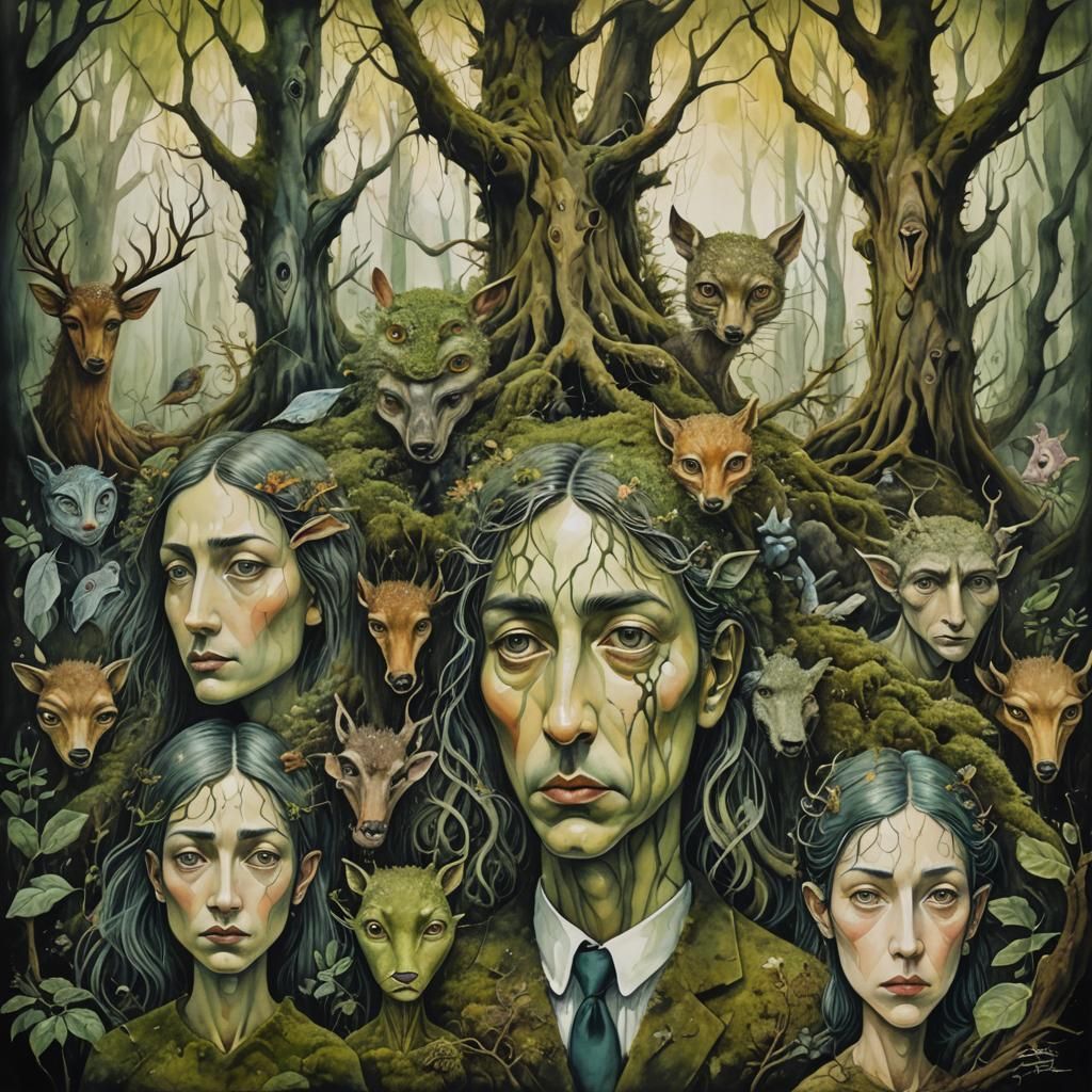 Surreal Woodland Creatures in Dreamlike Forest Painting