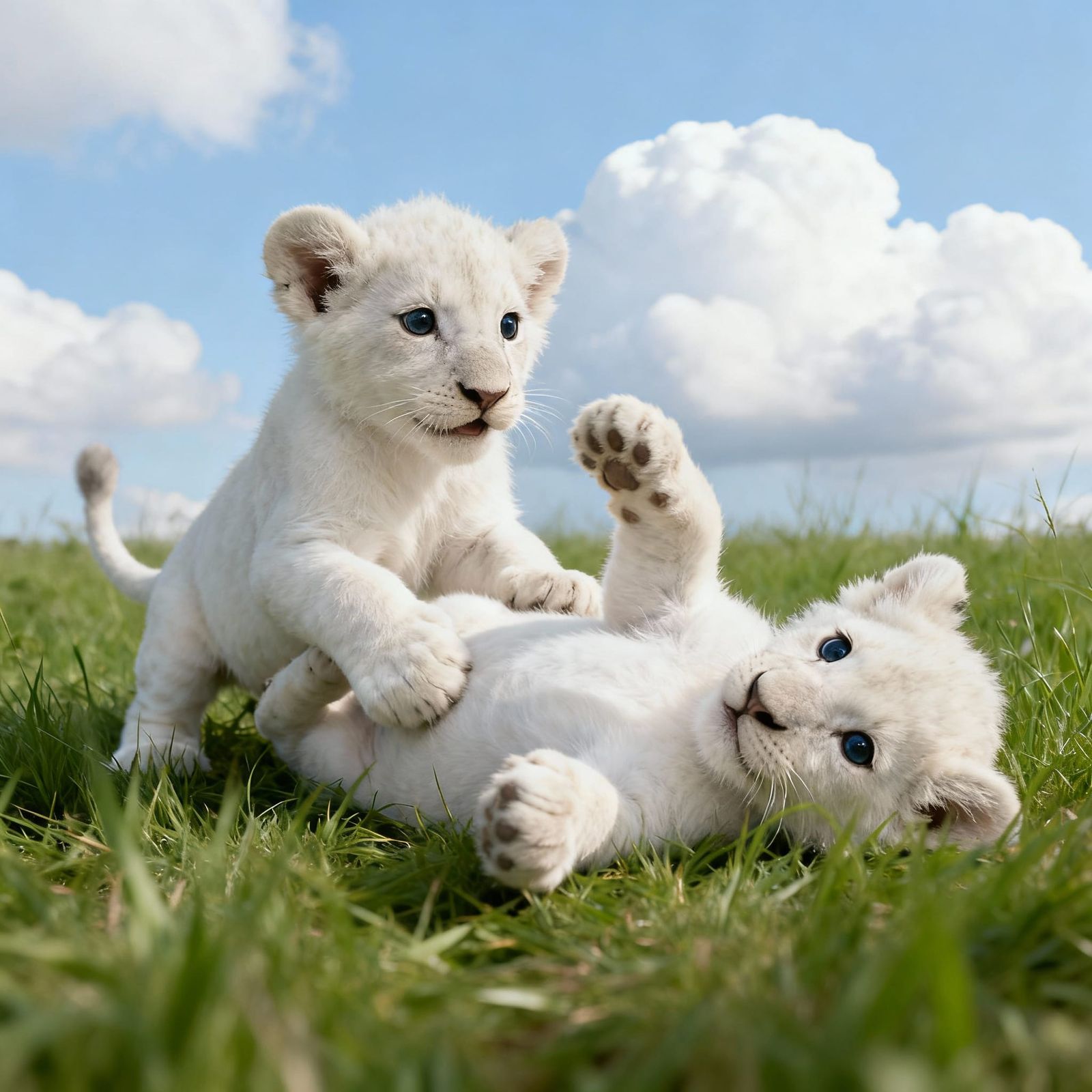 Adorable White Lion Cubs Play in Serene Green Grass