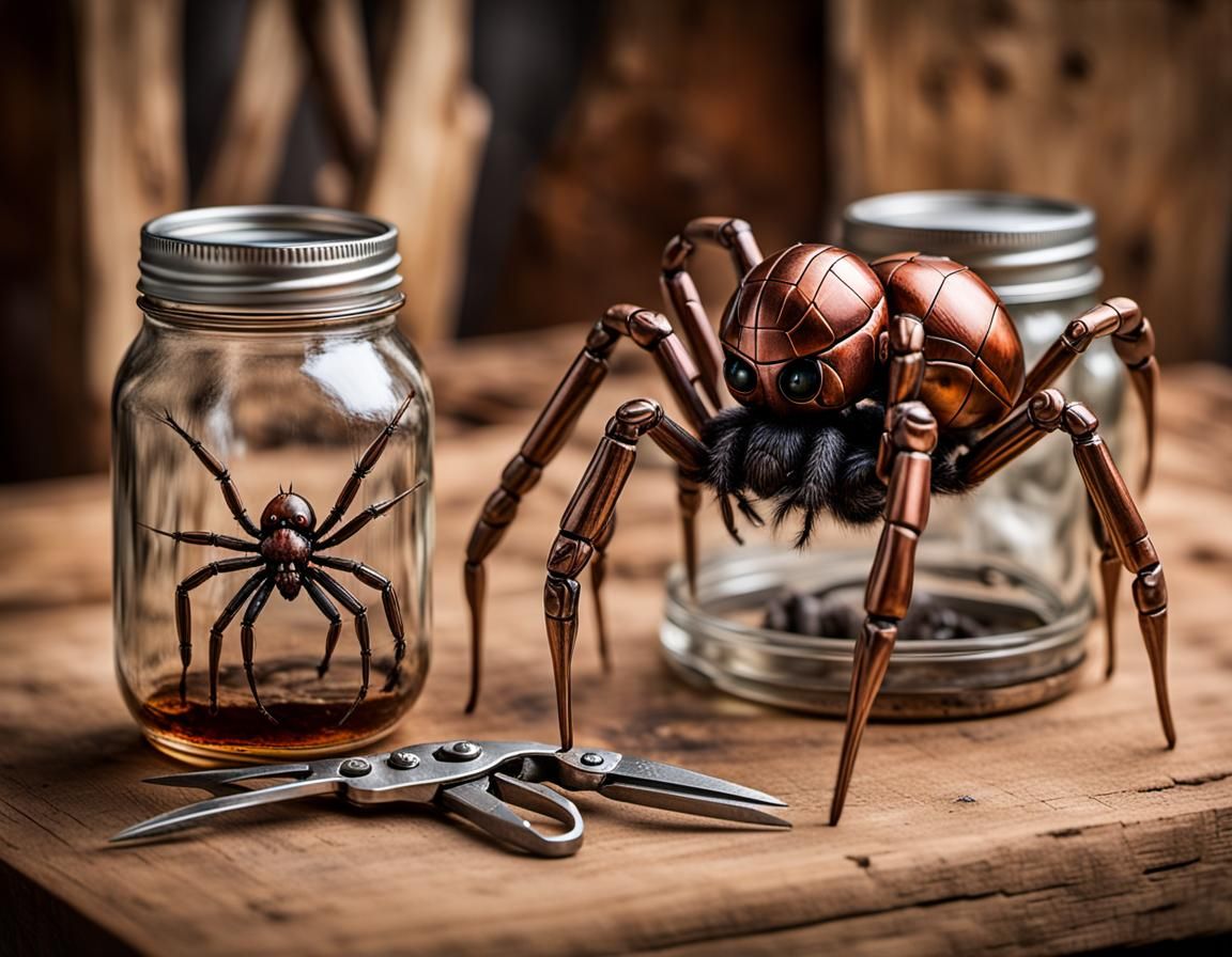 Copper Mecha-Spider Trapped in Jar, Biomechanical Style