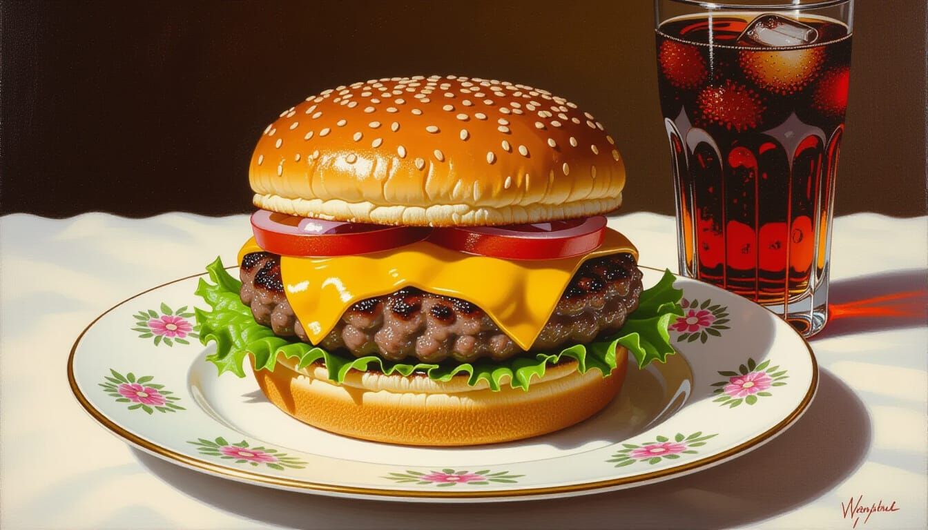 Vintage Burger Still Life in American Realist Style