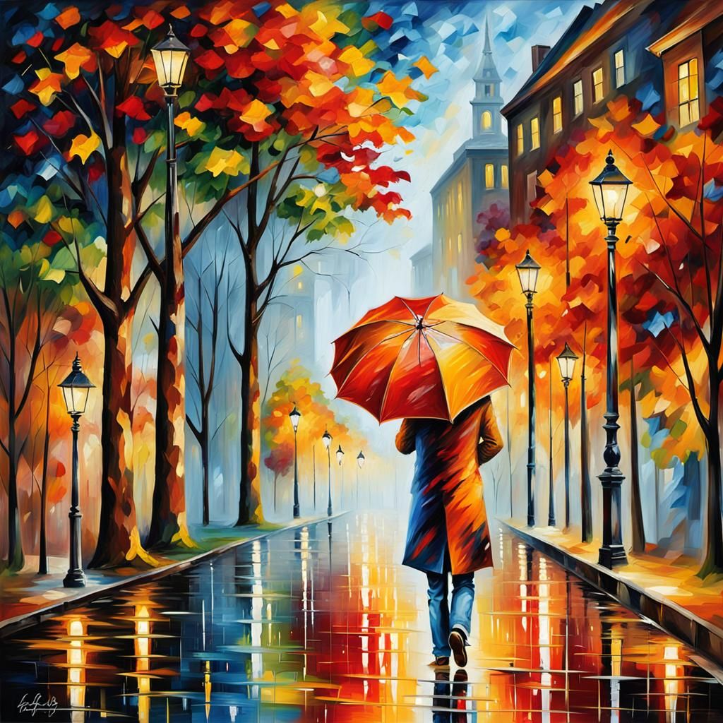 Rainy City Square in Impressionistic Style