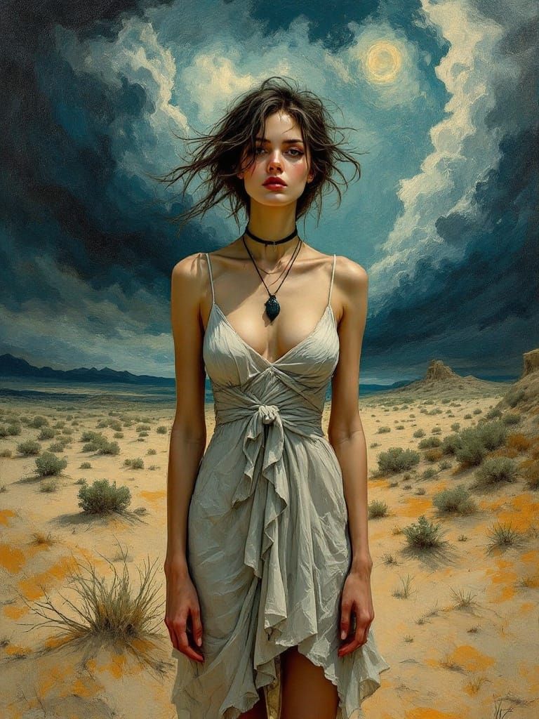 Surreal Desert Goddess Amidst Stormy Landscape