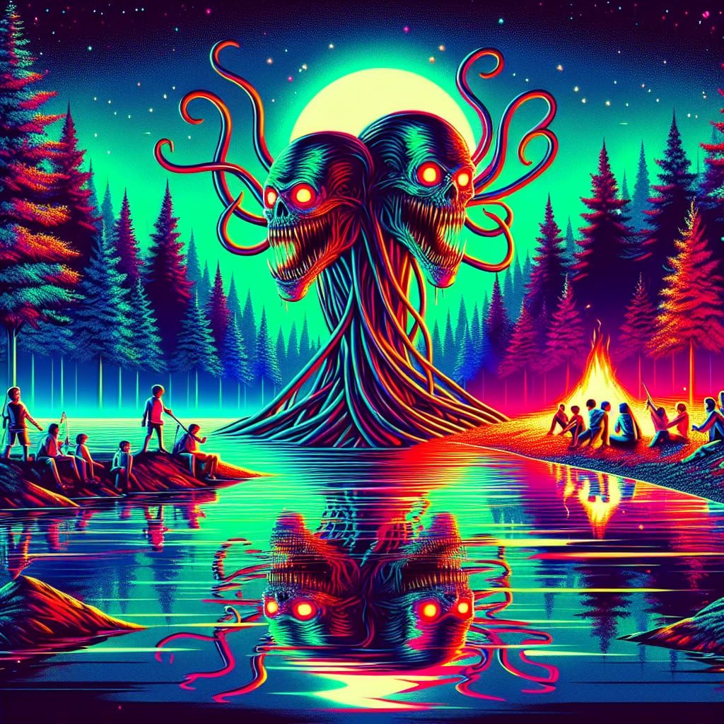 Synthwave Monster Emerges from Gloomy Lake